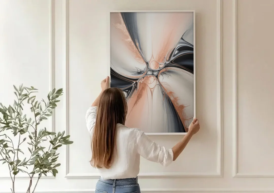 Blush Metallic Symphony Pink and Grey Abstract canvas wall art being hung on a paneled wall