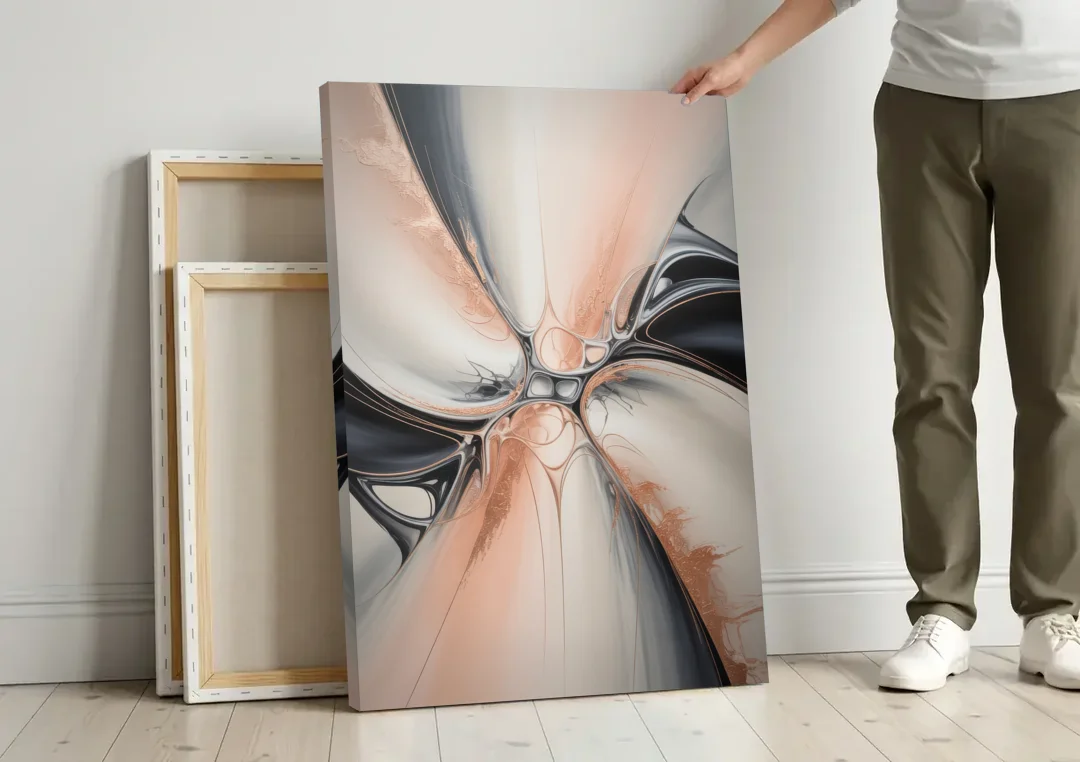 Blush Metallic Symphony Pink and Grey Abstract canvas wall art leaning against a wall next to blank canvases