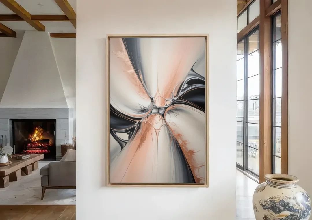 Blush Metallic Symphony Pink and Grey Abstract canvas wall art in a living room with a fireplace