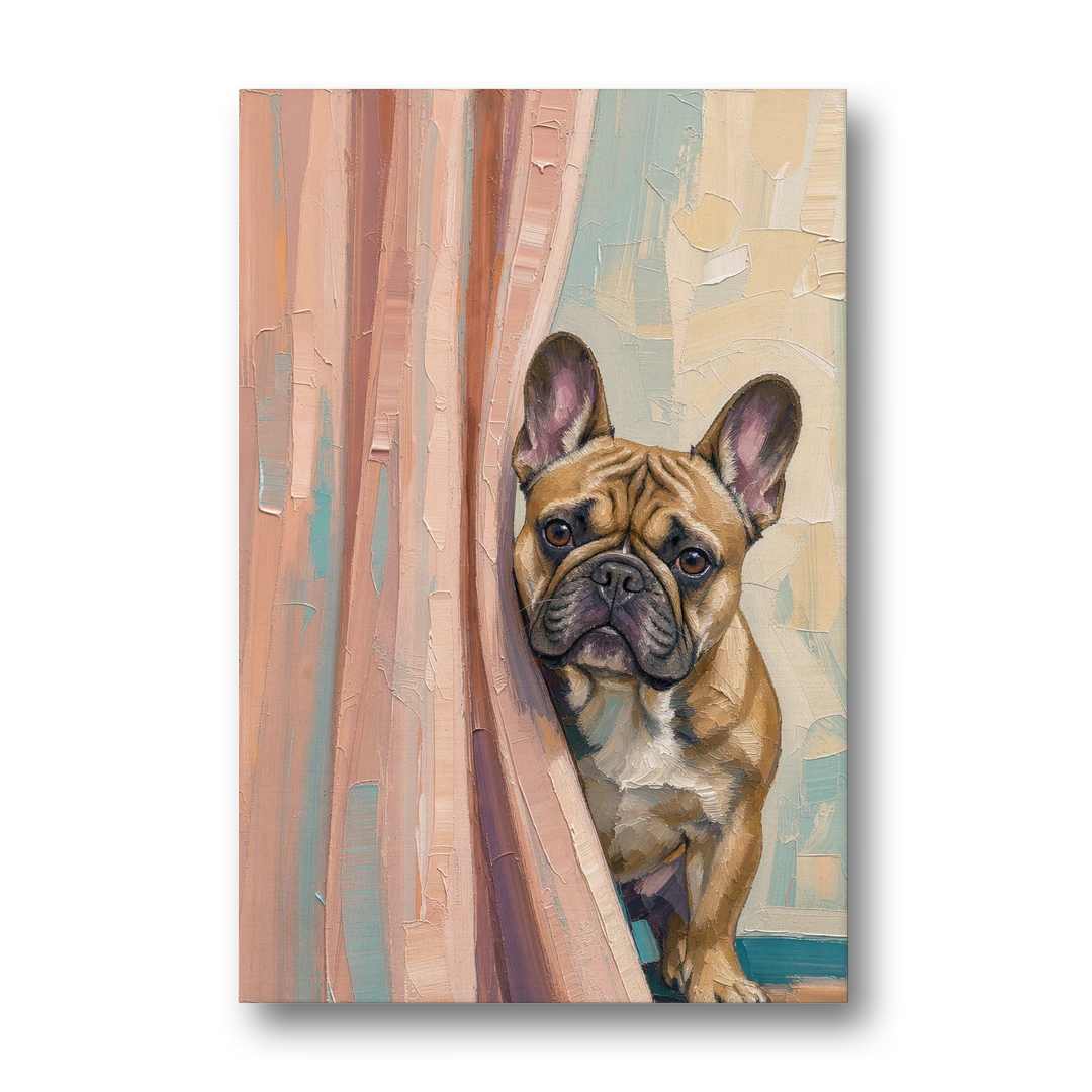 Blush Pink Bathroom Art with a Peeking French Bulldog - Canvas Wall Art - Front