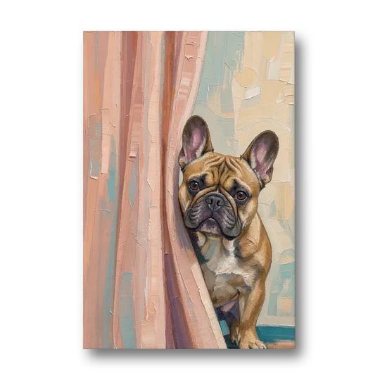 Blush Pink Bathroom Art with a Peeking French Bulldog - Canvas Wall Art - Front