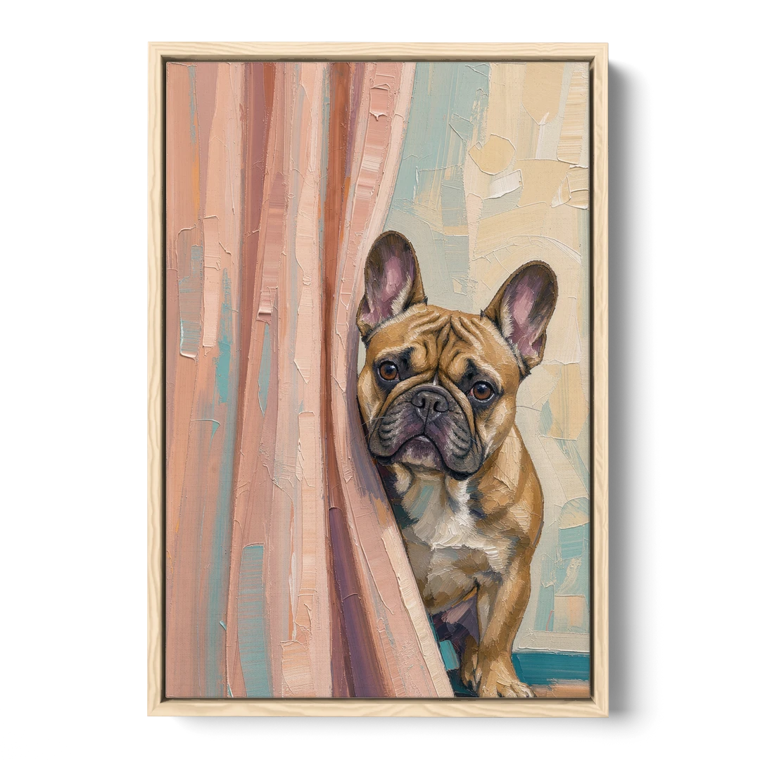 Blush Pink Bathroom Art with a Peeking French Bulldog - Oak Framed Canvas Wall Art - Front