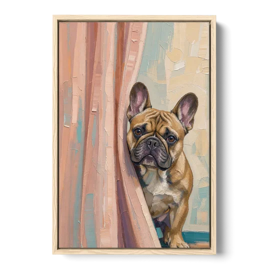 Blush Pink Bathroom Art with a Peeking French Bulldog - Oak Framed Canvas Wall Art - Front