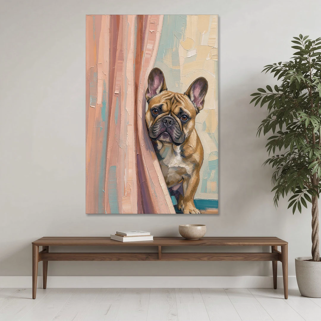 Blush Pink Bathroom Art with a Peeking French Bulldog - Canvas Wall Art - Coffee Table - 40x60