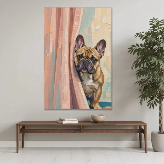 Blush Pink Bathroom Art with a Peeking French Bulldog - Canvas Wall Art - Coffee Table - 40x60
