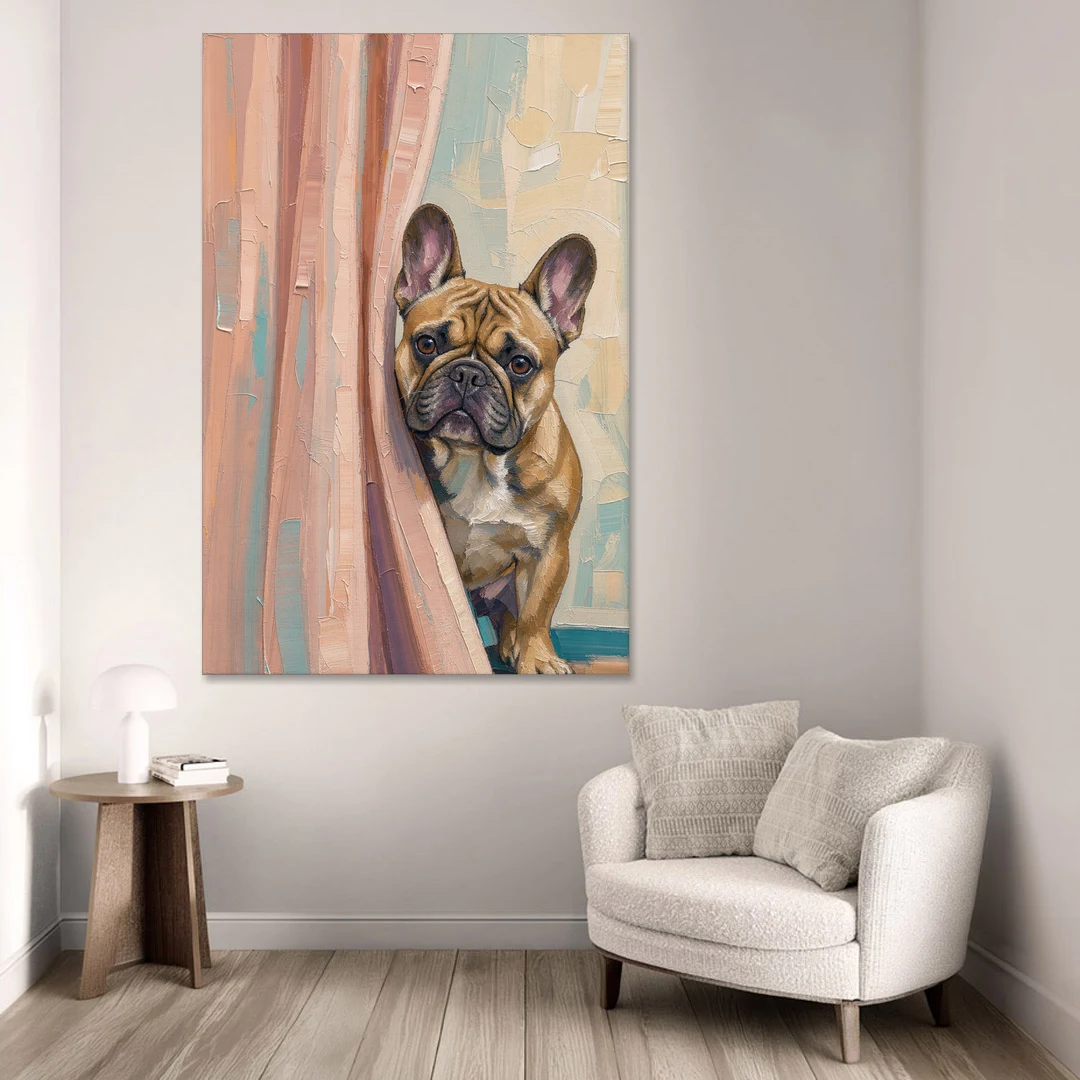 Blush Pink Bathroom Art with a Peeking French Bulldog - Canvas Wall Art - Sofa - 40x60