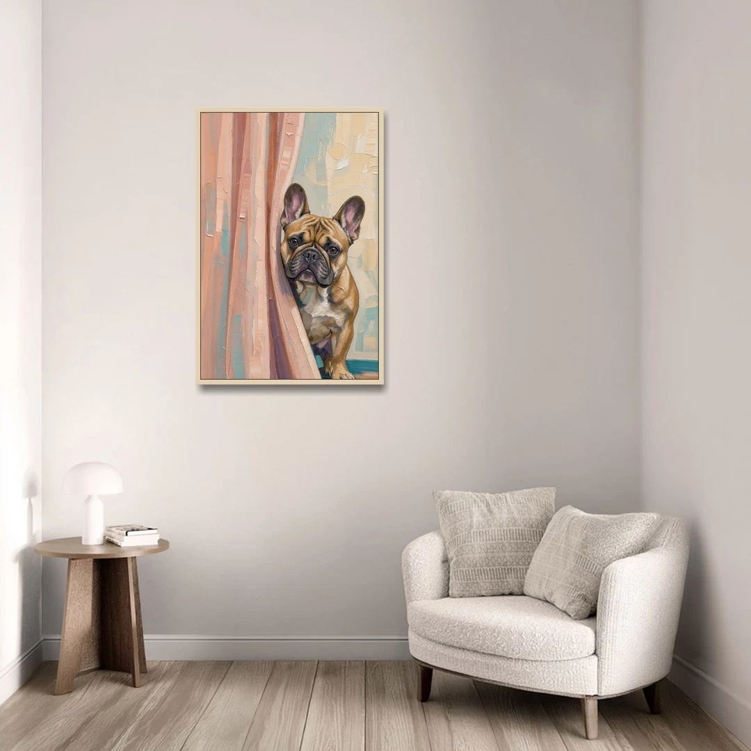 Blush Pink Bathroom Art with a Peeking French Bulldog - Oak Framed Canvas Wall Art - Sofa - 24x36