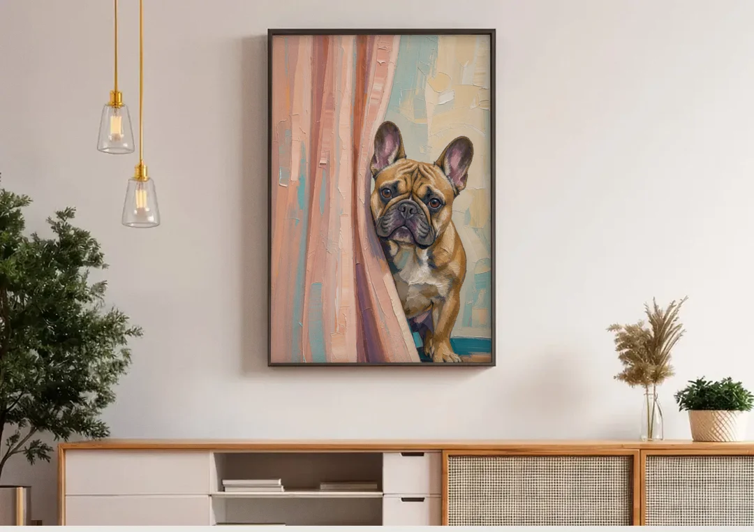 Blush Pink Bathroom Art with a Peeking French Bulldog canvas wall art above a wooden sideboard under pendant lights
