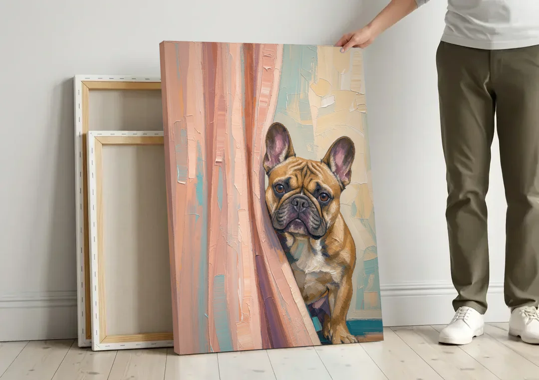 Blush Pink Bathroom Art with a Peeking French Bulldog canvas wall art leaning against a wall next to blank canvases