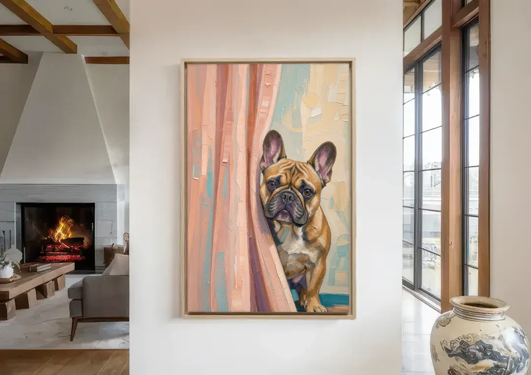 Blush Pink Bathroom Art with a Peeking French Bulldog canvas wall art in a living room with a fireplace