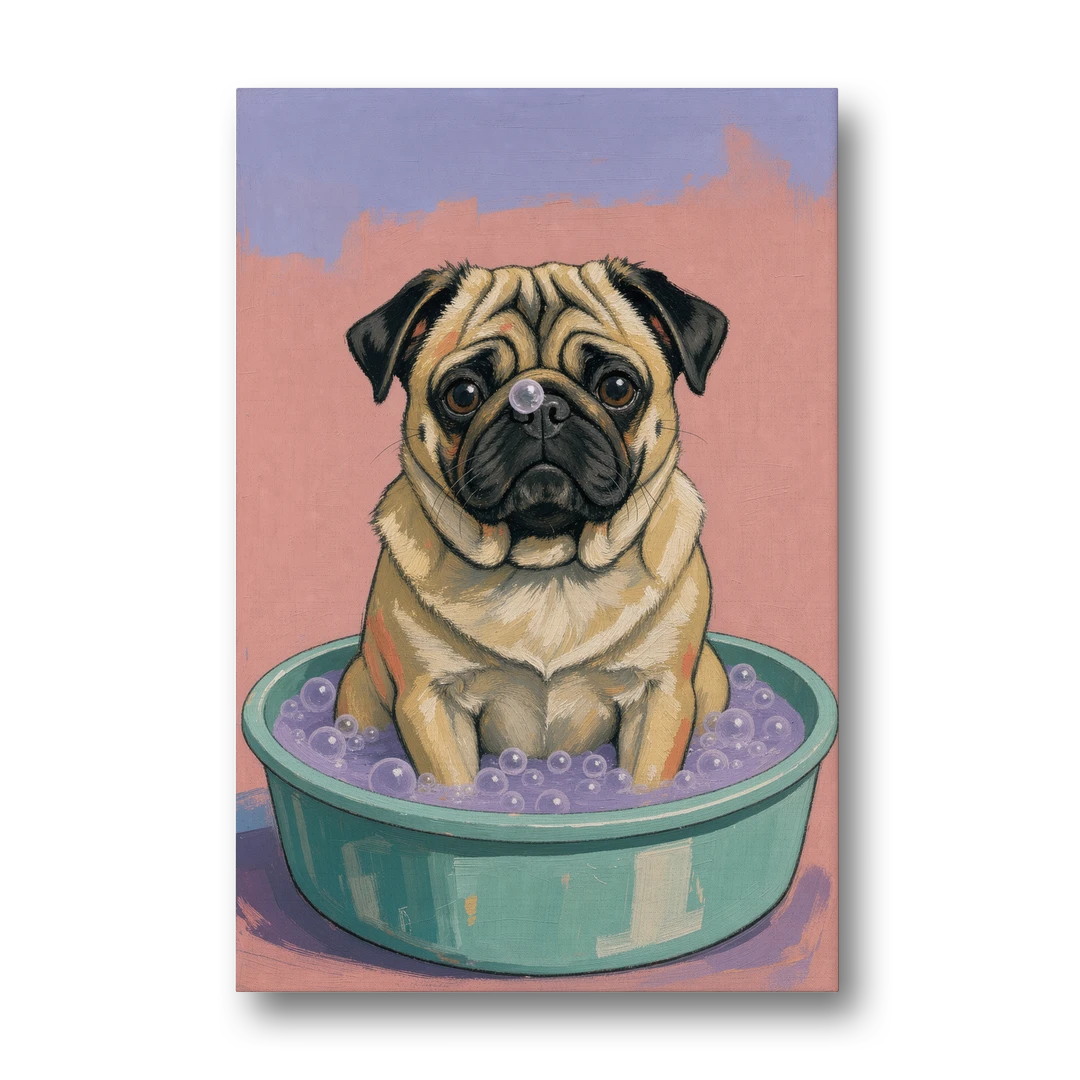 Blush Pink Bathroom Wall Art with a Pug - Canvas Wall Art - Front