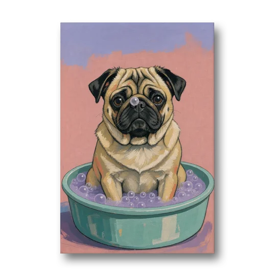 Blush Pink Bathroom Wall Art with a Pug - Canvas Wall Art - Front
