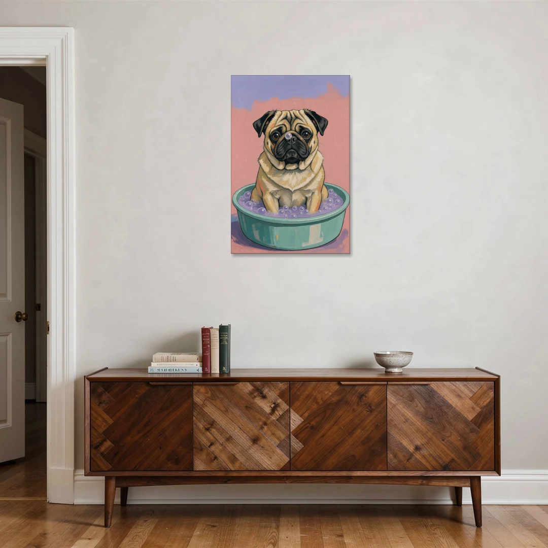 Blush Pink Bathroom Wall Art with a Pug - Canvas Wall Art - Coffee Table - 24x36