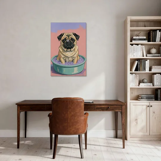 Blush Pink Bathroom Wall Art with a Pug - Canvas Wall Art - Office - 24x36