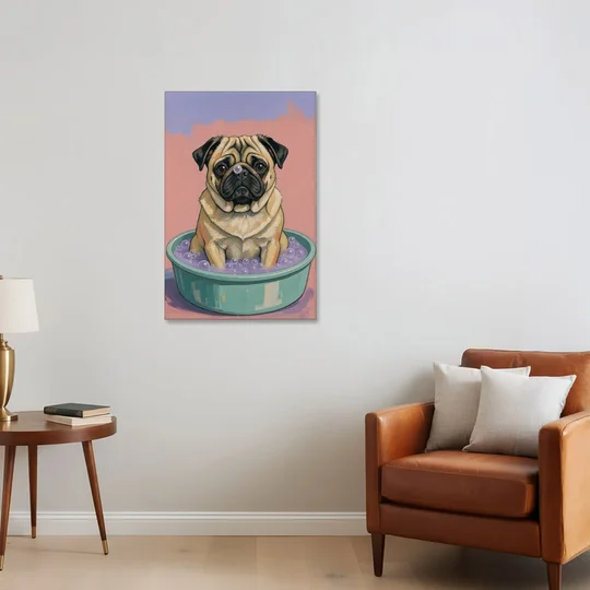 Blush Pink Bathroom Wall Art with a Pug - Canvas Wall Art - Sofa - 24x36
