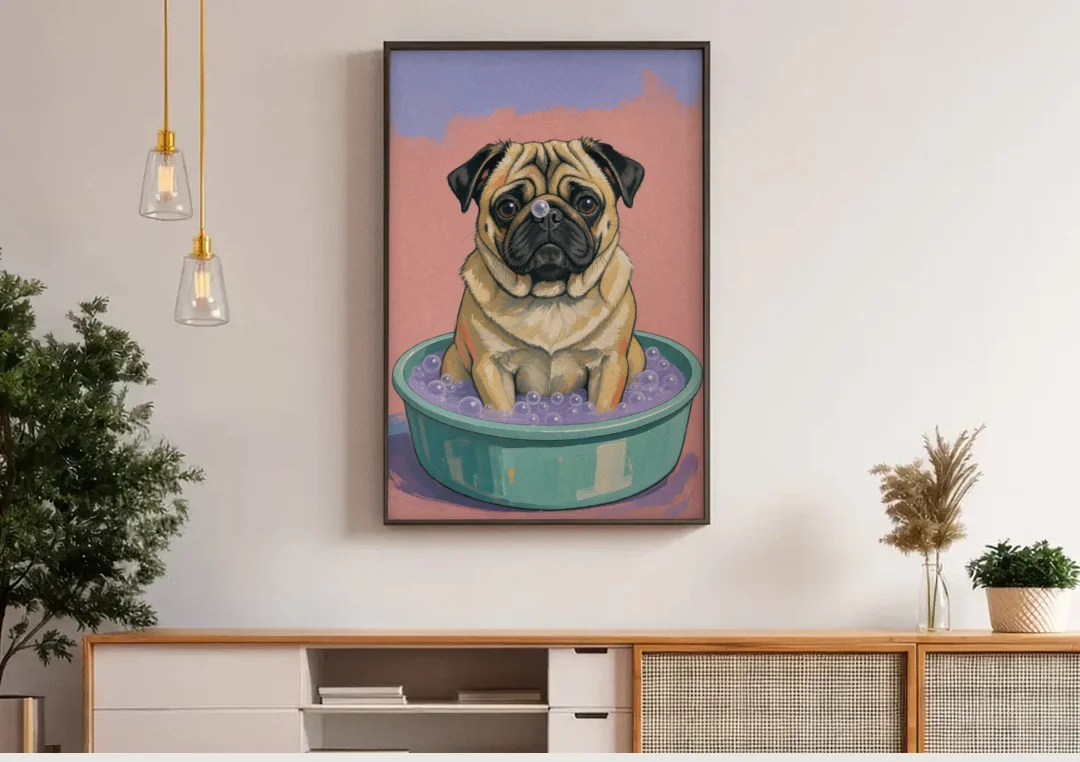 Blush Pink Bathroom Wall Art with a Pug canvas wall art above a wooden sideboard under pendant lights