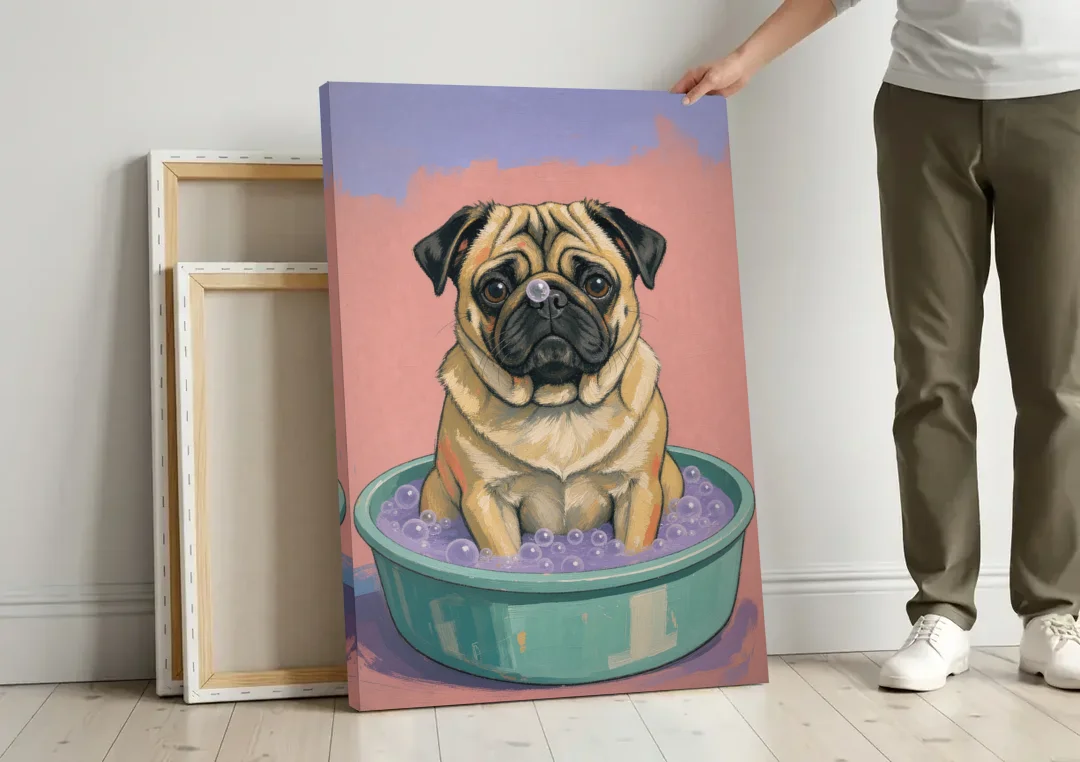 Blush Pink Bathroom Wall Art with a Pug canvas wall art leaning against a wall next to blank canvases