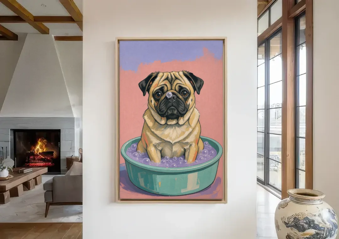 Blush Pink Bathroom Wall Art with a Pug canvas wall art in a living room with a fireplace