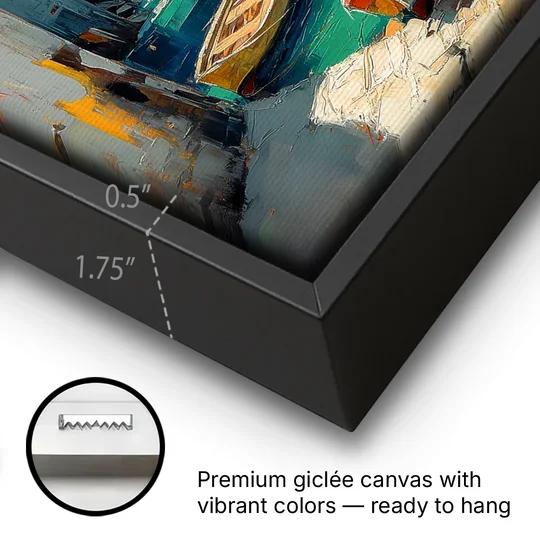 Boats Painting of Polignano a Mare - Black Framed Canvas Wall Art - Gallery Wrap Corner