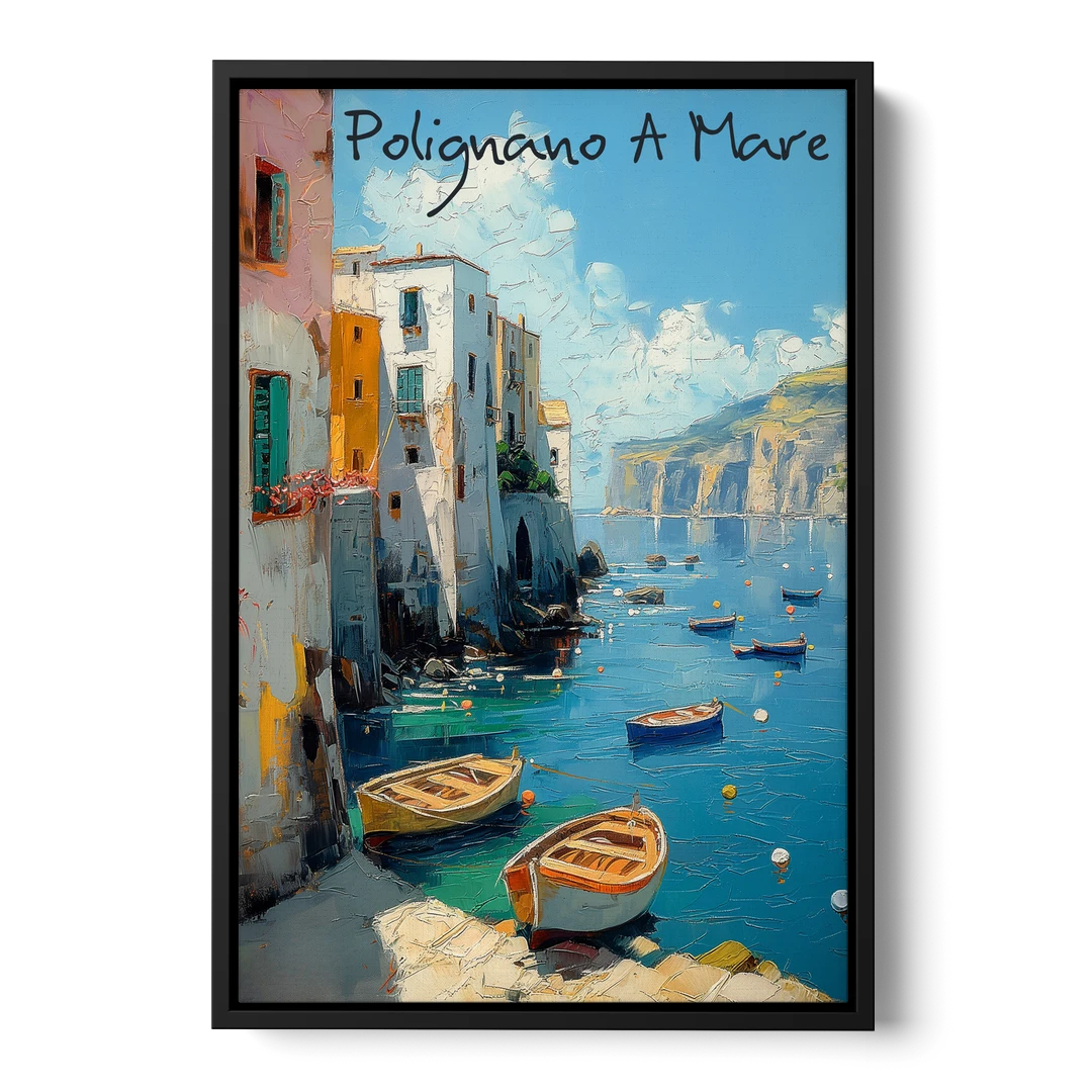 Boats Painting of Polignano a Mare - Black Framed Canvas Wall Art - Front