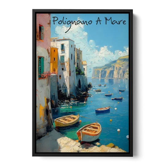 Boats Painting of Polignano a Mare - Black Framed Canvas Wall Art - Front