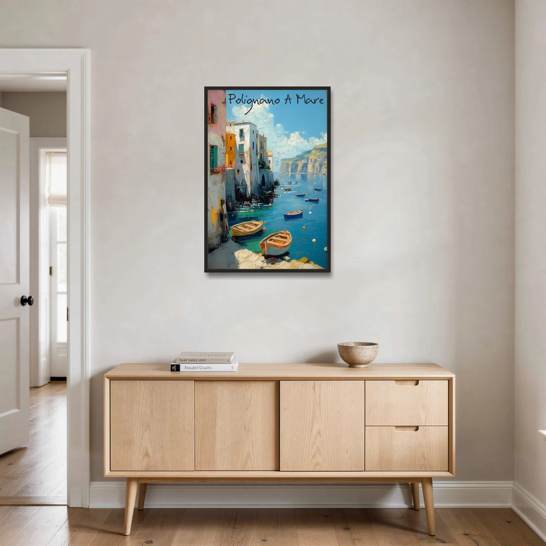 Boats Painting of Polignano a Mare - Black Framed Canvas Wall Art - Coffee Table - 24x36
