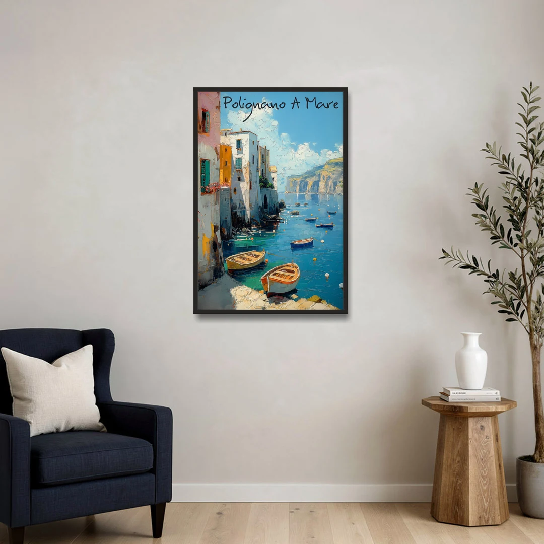 Boats Painting of Polignano a Mare - Black Framed Canvas Wall Art - Sofa - 24x36