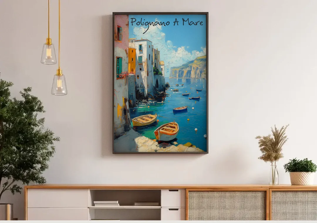 Boats Painting of Polignano a Mare canvas wall art above a wooden sideboard under pendant lights