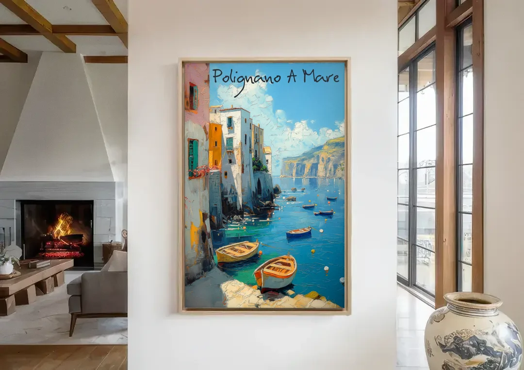 Boats Painting of Polignano a Mare canvas wall art in a living room with a fireplace