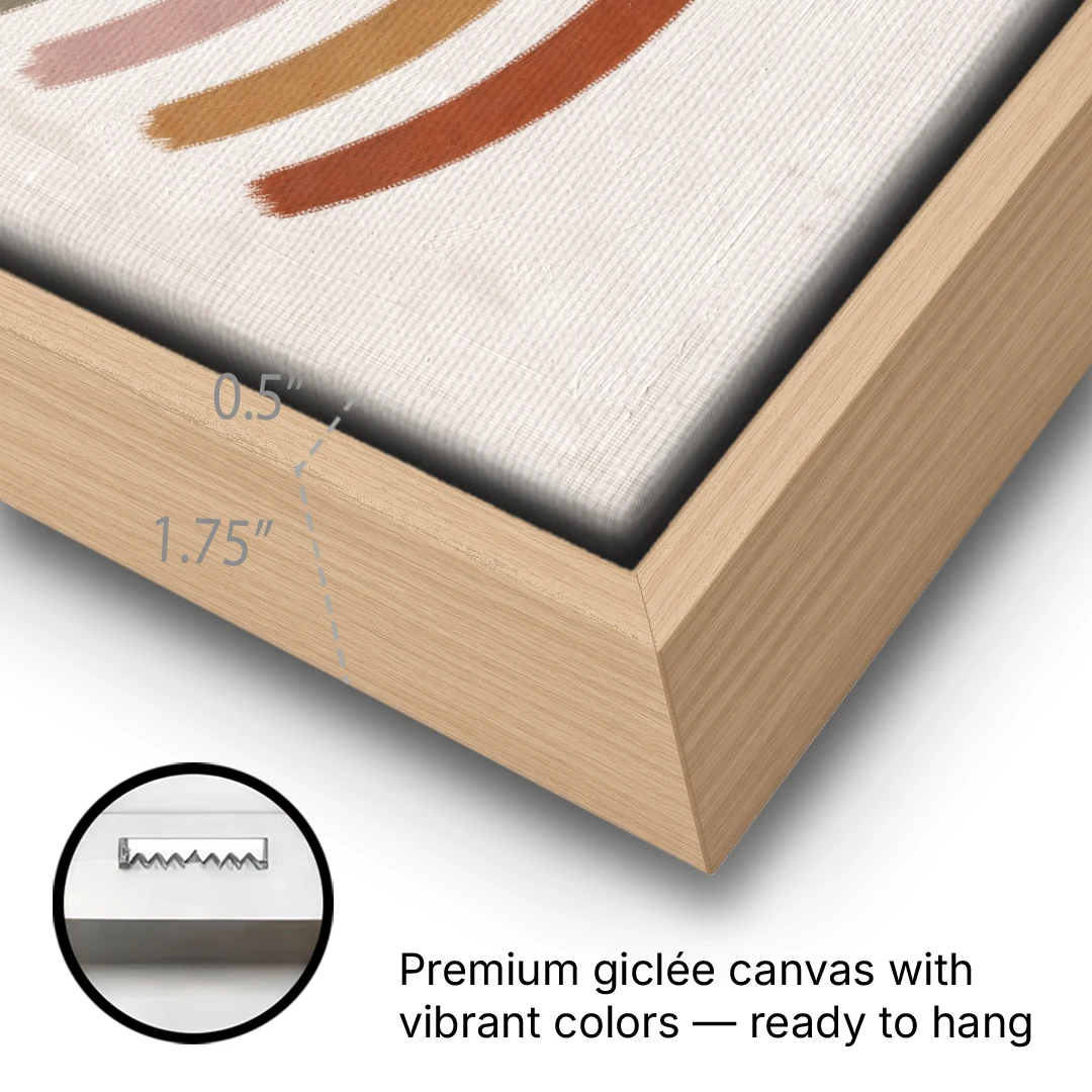 Boho Abstract Art with Clay Sun and Ripples - Oak Framed Canvas Wall Art - Gallery Wrap Corner