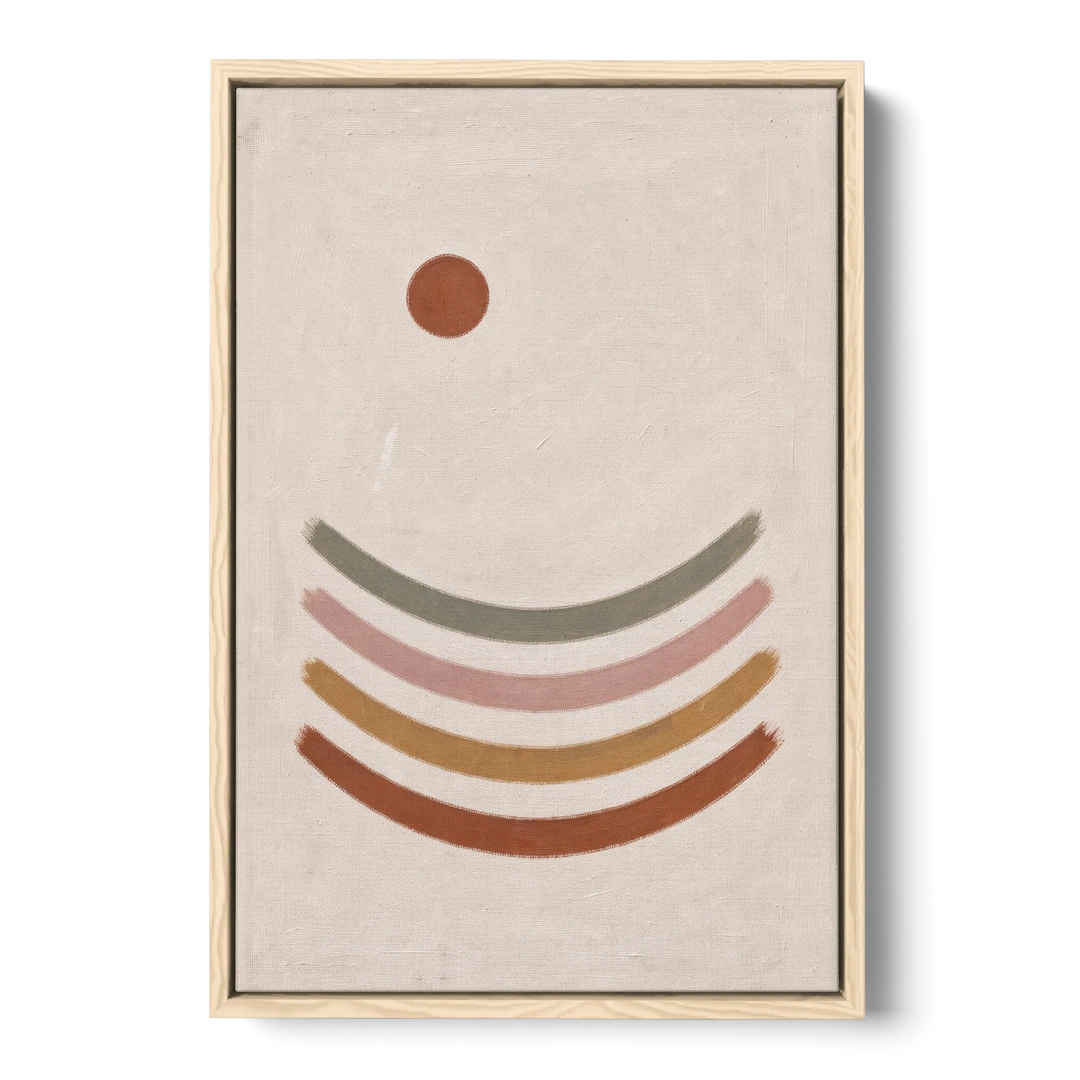Boho Abstract Art with Clay Sun and Ripples - Oak Framed Canvas Wall Art - Front