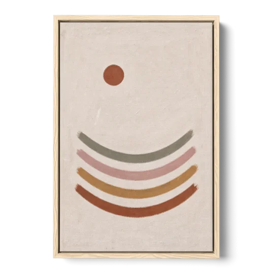 Boho Abstract Art with Clay Sun and Ripples - Oak Framed Canvas Wall Art - Front