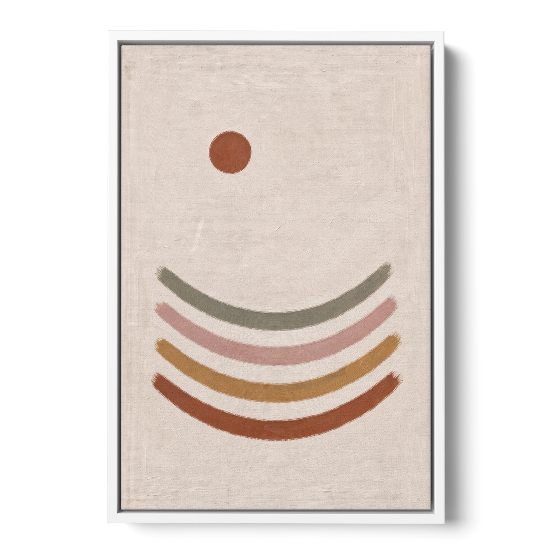Boho Abstract Art with Clay Sun and Ripples - White Framed Canvas Wall Art - Front