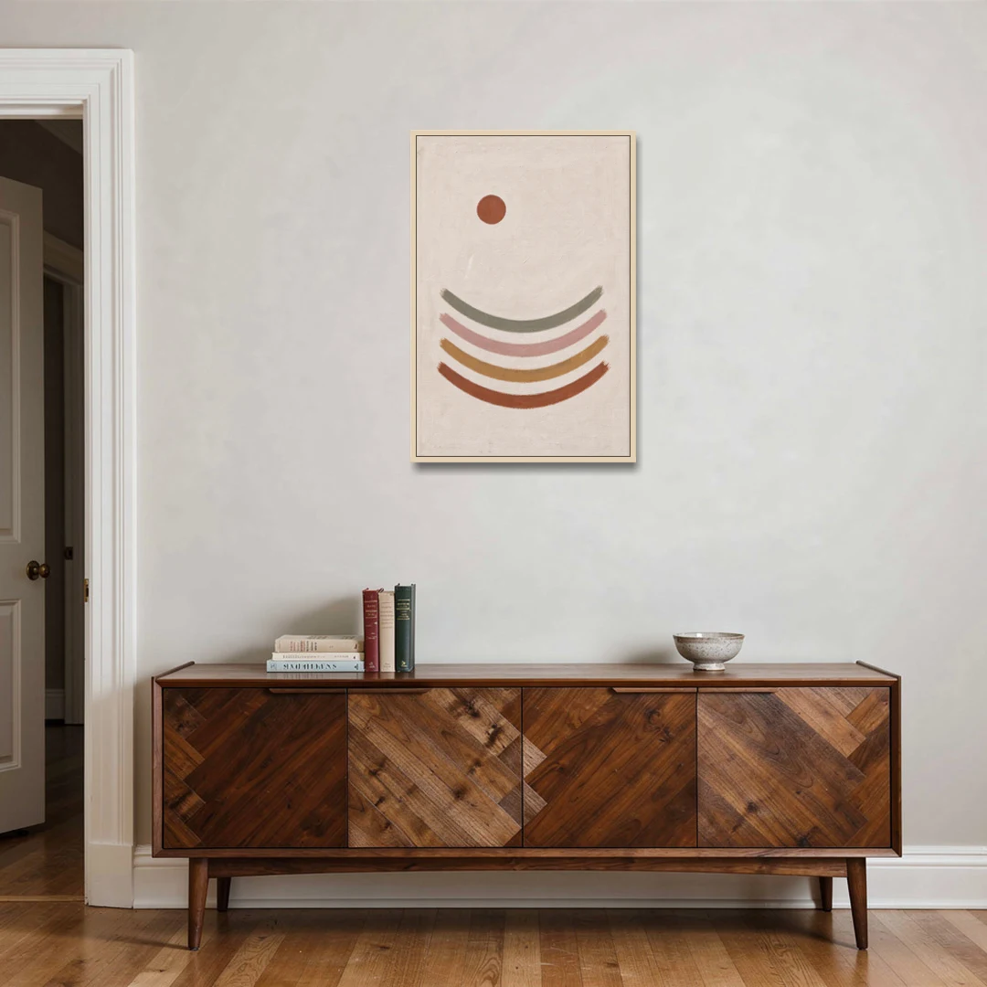 Boho Abstract Art with Clay Sun and Ripples - Oak Framed Canvas Wall Art - Coffee Table - 24x36