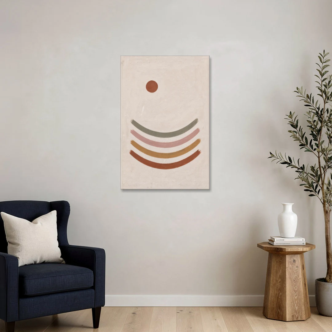 Boho Abstract Art with Clay Sun and Ripples - Canvas Wall Art - Sofa - 24x36
