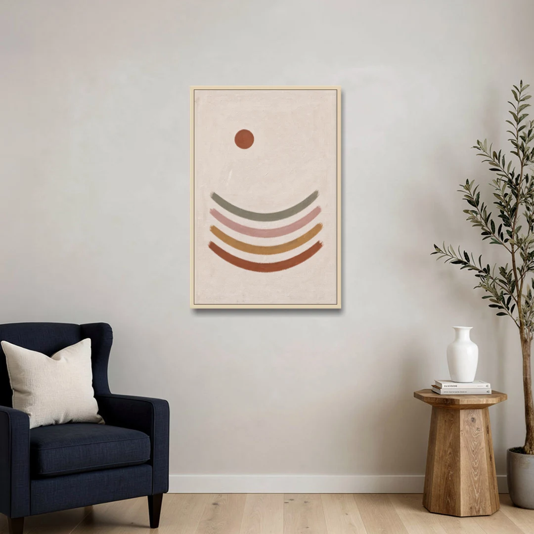 Boho Abstract Art with Clay Sun and Ripples - Oak Framed Canvas Wall Art - Sofa - 24x36