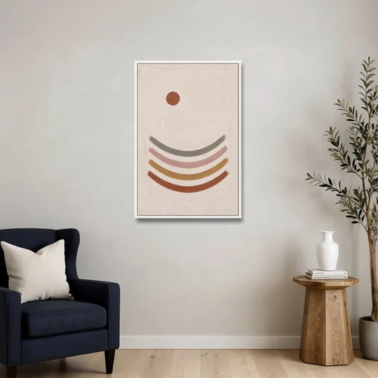 Boho Abstract Art with Clay Sun and Ripples - White Framed Canvas Wall Art - Sofa - 24x36