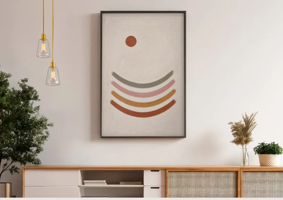 Boho Abstract Art with Clay Sun and Ripples canvas wall art above a wooden sideboard under pendant lights