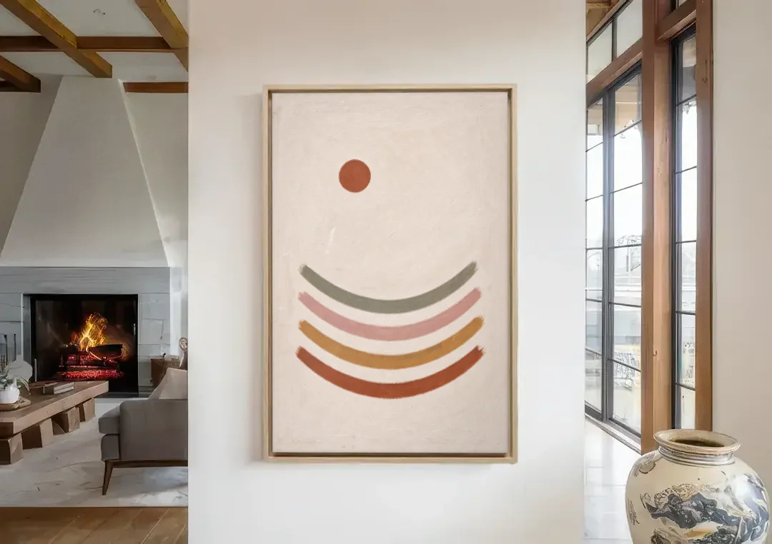 Boho Abstract Art with Clay Sun and Ripples canvas wall art in a living room with a fireplace