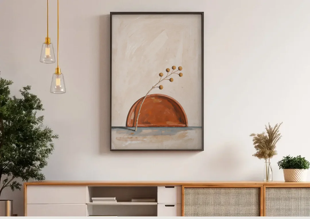 Boho Abstract Wall Art of a Rising Terracotta Dome canvas wall art above a wooden sideboard under pendant lights