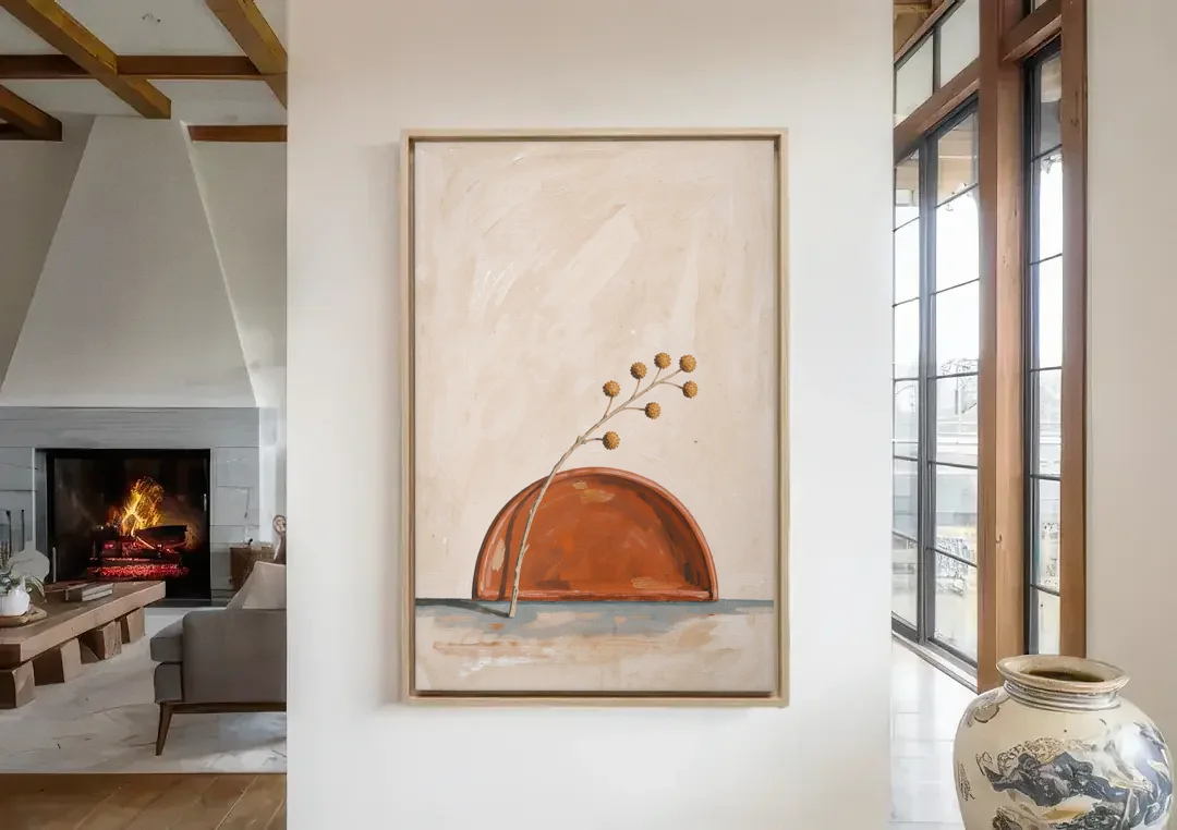 Boho Abstract Wall Art of a Rising Terracotta Dome canvas wall art in a living room with a fireplace
