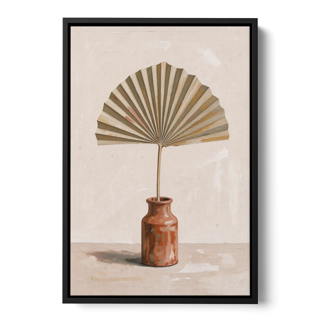Boho Art Prints Fan Palm in a Clay Bottle - Black Framed Canvas Wall Art - Front