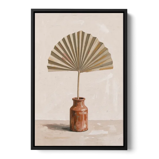 Boho Art Prints Fan Palm in a Clay Bottle - Black Framed Canvas Wall Art - Front