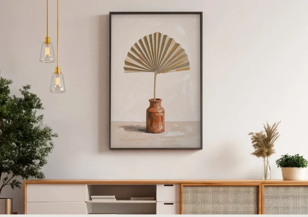 Boho Art Prints Fan Palm in a Clay Bottle canvas wall art above a wooden sideboard under pendant lights