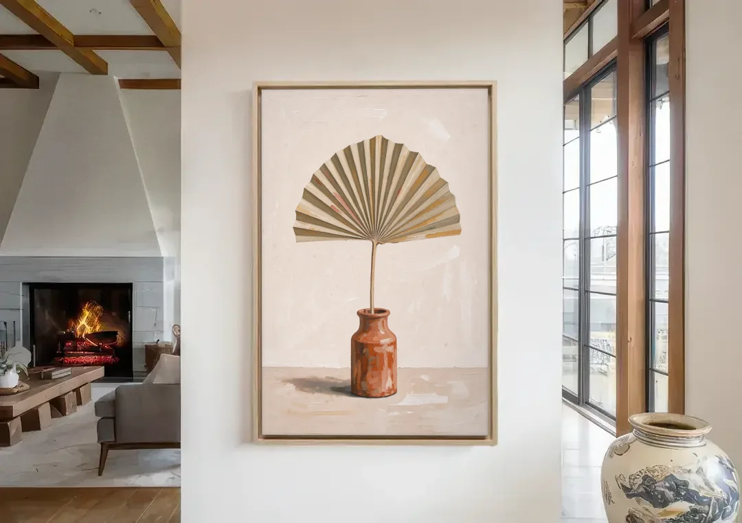 Boho Art Prints Fan Palm in a Clay Bottle canvas wall art in a living room with a fireplace