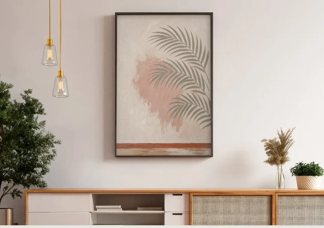 Boho Bathroom Wall Art with Palm Leaf Shadow canvas wall art above a wooden sideboard under pendant lights