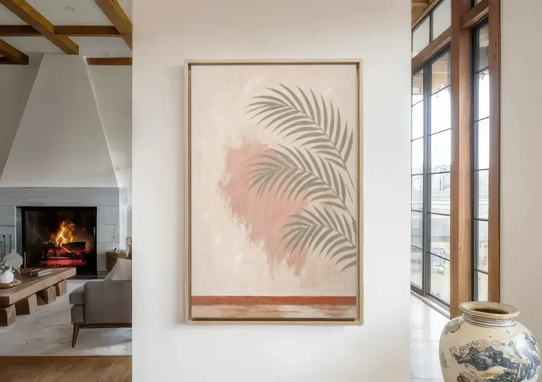 Boho Bathroom Wall Art with Palm Leaf Shadow canvas wall art in a living room with a fireplace