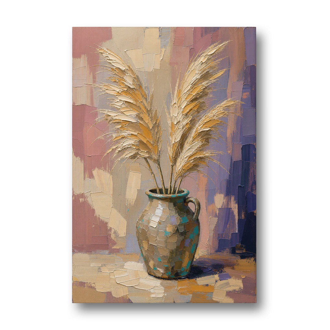 Boho Botanical Pampas Plumes in a Stoneware Jug - Canvas Wall Art - Front