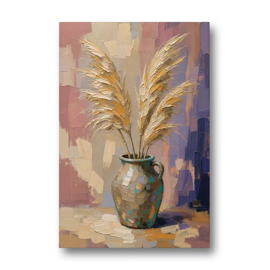 Boho Botanical Pampas Plumes in a Stoneware Jug - Canvas Wall Art - Front