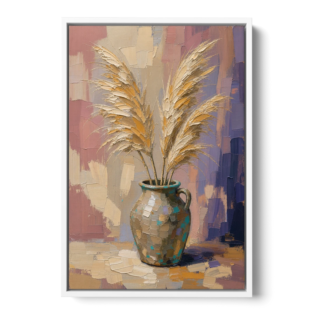 Boho Botanical Pampas Plumes in a Stoneware Jug - White Framed Canvas Wall Art - Front